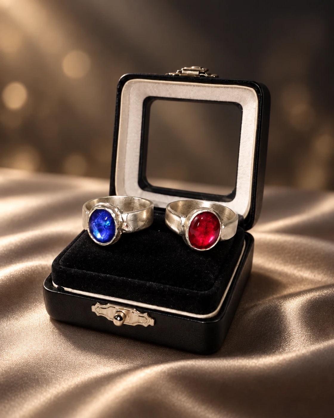 Two silver rings with oval cabochon stones, one deep blue and one red, presented in a black ring box on satin
